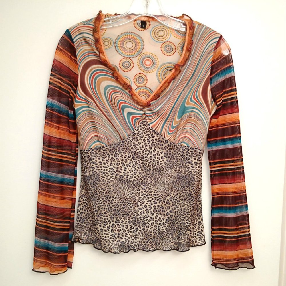 Long Sleeve Striped Animal Print Top - Size 1 XS